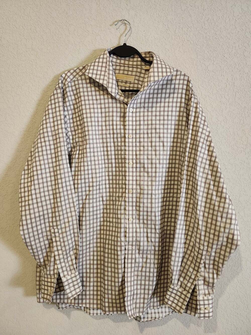Michael Michael Kors Men's Non-Iron Plaid Dress Shirt Brown and White